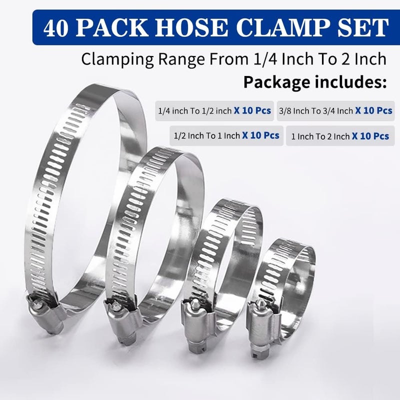 Gudui 40 Pieces Stainless Steel Hose Clamps Assortment Kit 1/4" to 2" Adjustable Worm Gear Hose Clamp for Fuel Line Automotive Radiator Mechanical Plumbing - Image 2
